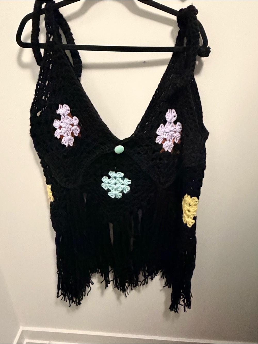 Handmade Black Crochet Fringe Crop Top with Pastel Floral Accents